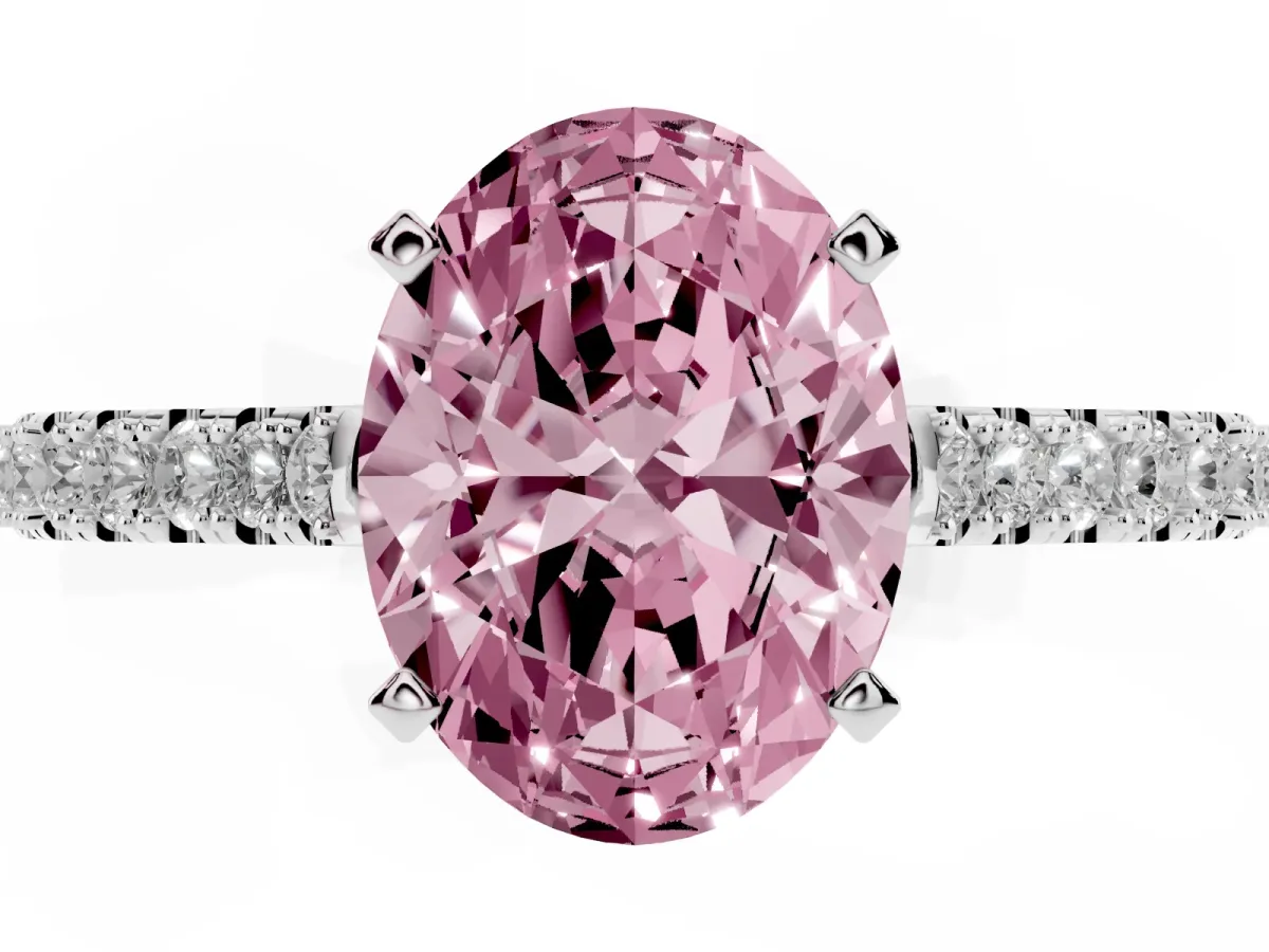 Fancy Pink Oval Cut Cut Solitaire Diamond Engagement Ring with Pave Band and Four-Prong Setting Platinum