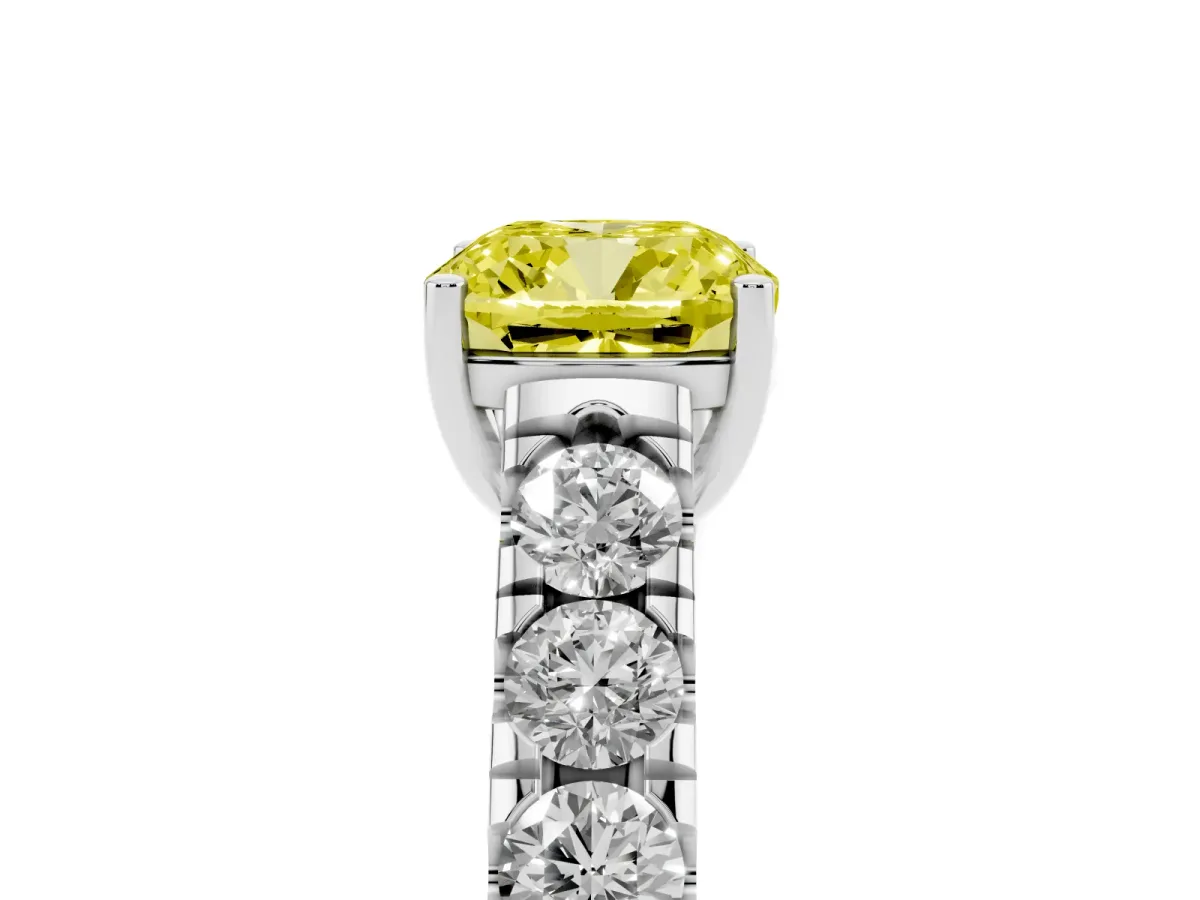 Fancy Yellow Cushion Cut Cut Diamond Solitaire Ring with Micro Pave Band and Prong Setting Silver