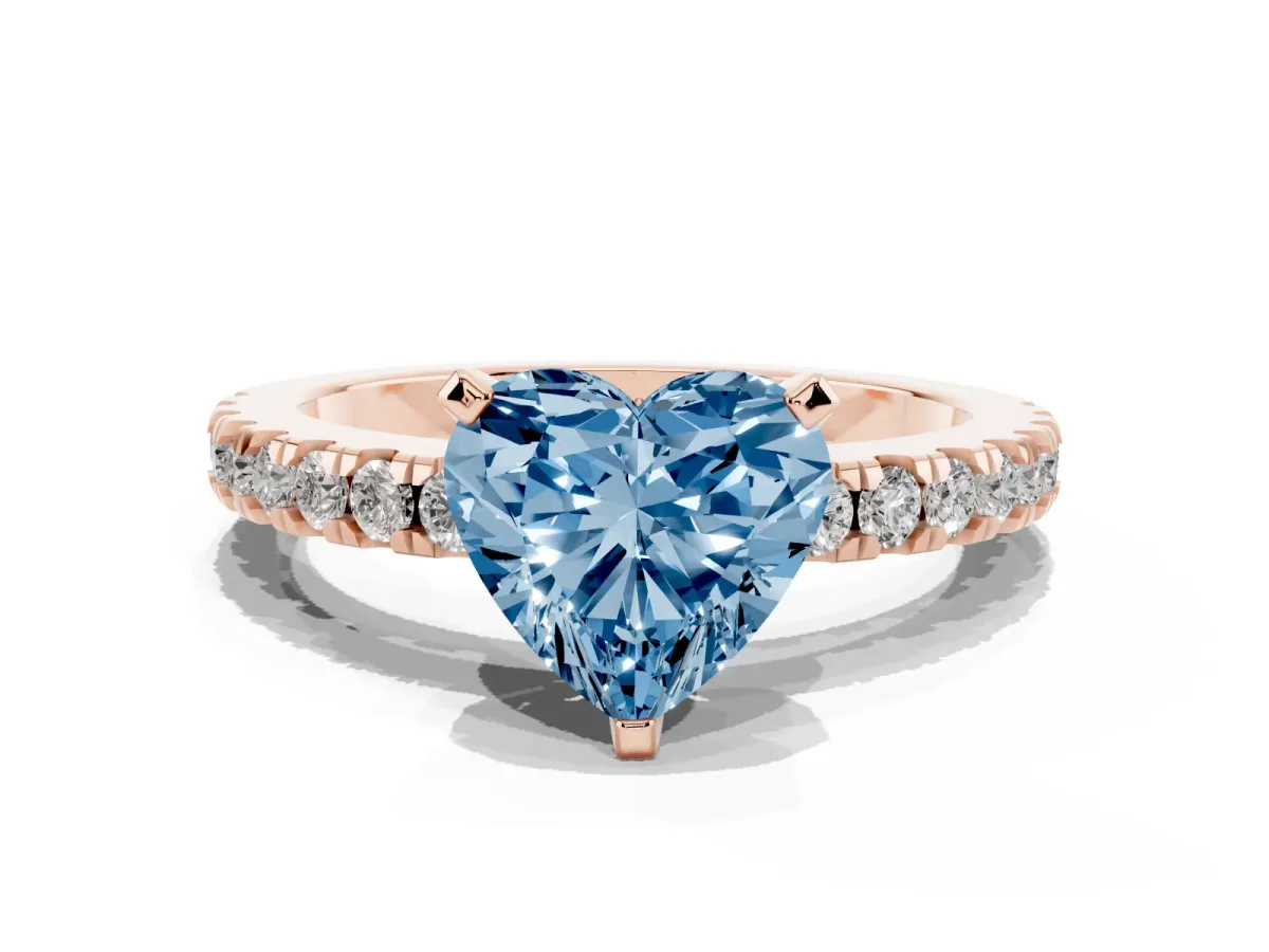 Fancy Blue Heart Cut Solitaire Diamond with Pavé Band and Four-Prong Setting Rose gold