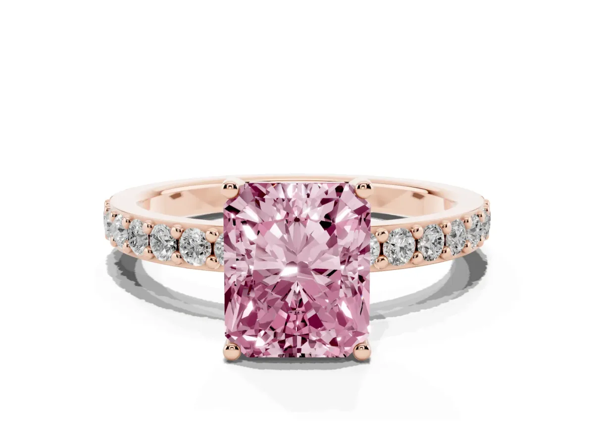 Fancy Pink Radiant Cut Cut Diamond Solitaire with Pave Band and Four-Prong Setting Rose gold