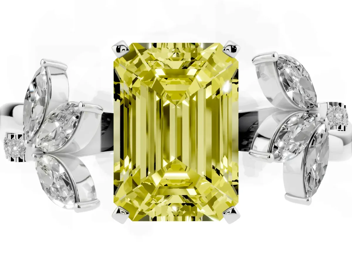 Fancy Yellow Emerald Cut Diamond Floral Vine Solitaire Engagement Ring Platinum
