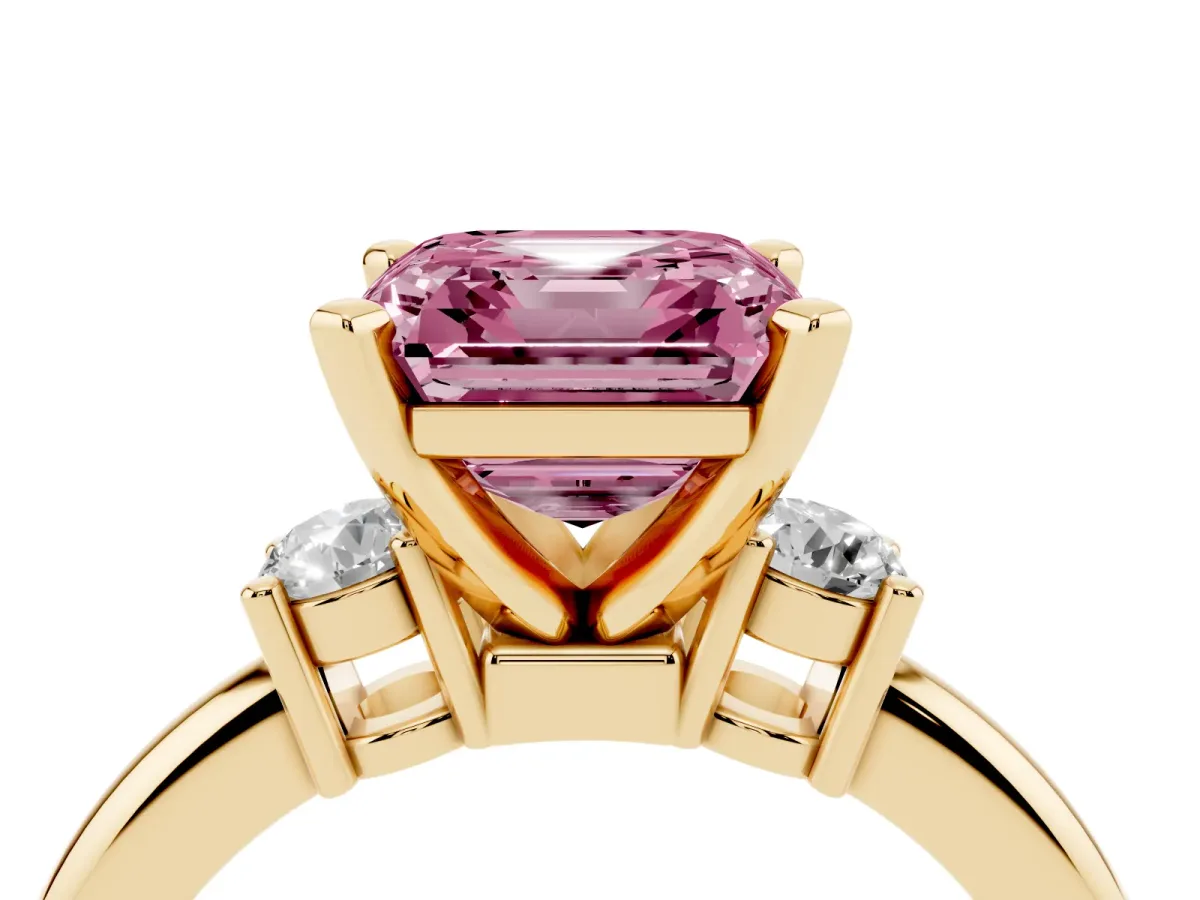 Fancy Pink Three-Stone Asscher Cut Cut Diamond Solitaire with Prong Setting and Classic Band Yellow gold