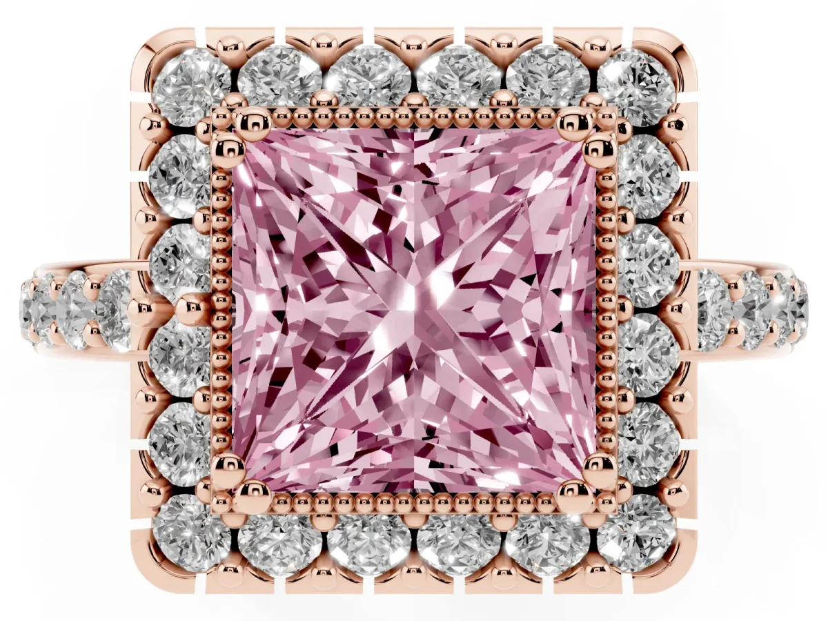 Fancy Pink Princess Cut Diamond Halo Ring with Pavé Band and Prong Setting Rose gold