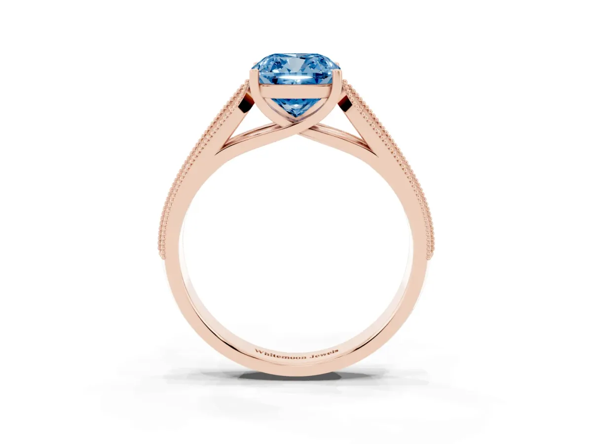 Fancy Blue Cushion Cut Cut Pave Split Shank Engagement Ring with Four-Prong Setting Rose gold