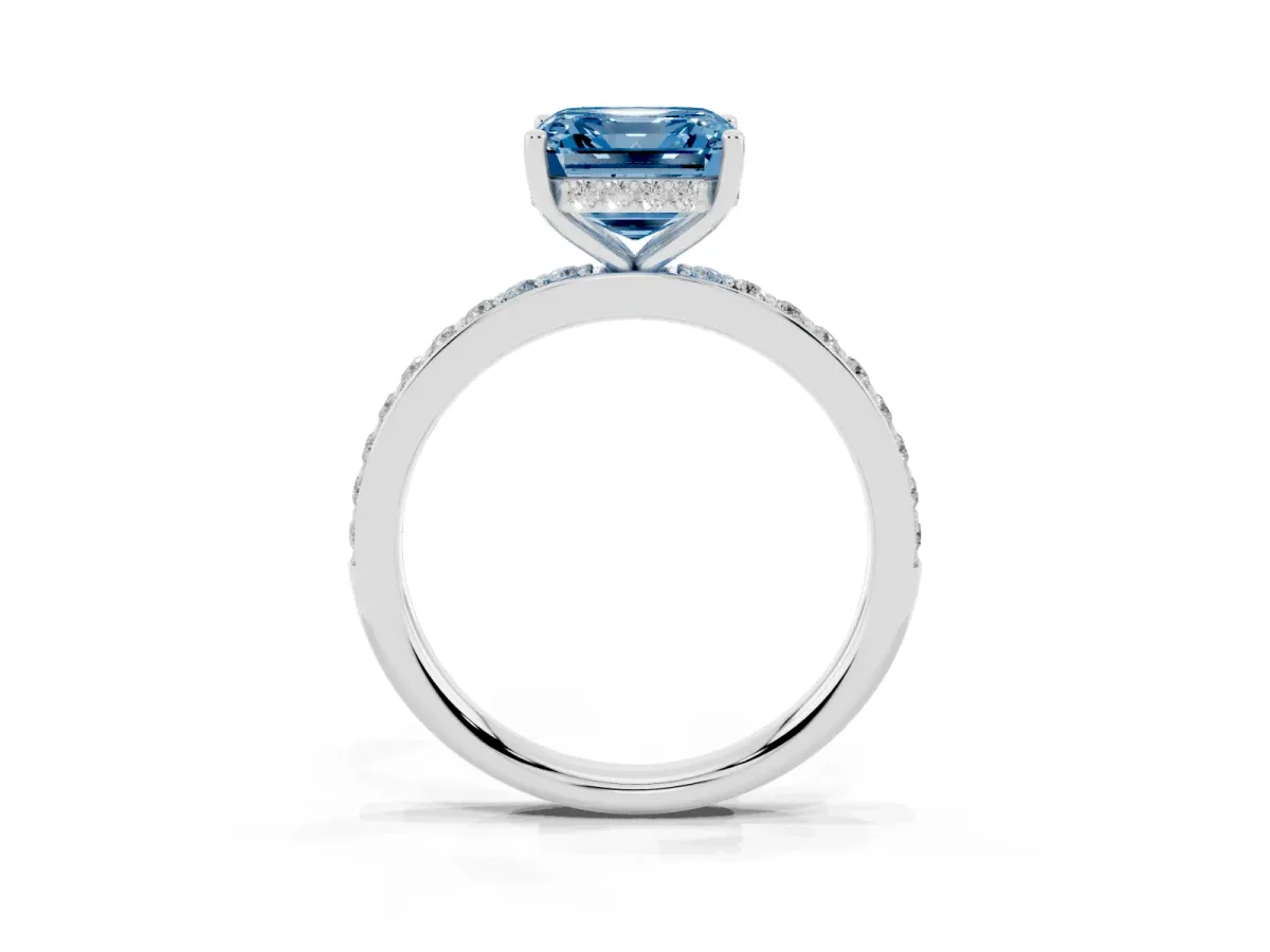 Fancy Blue Asscher Cut Cut Diamond Pavé Band Ring with Four-Prong Setting Silver