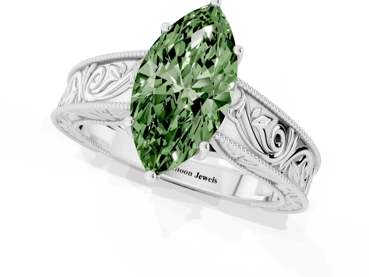Fancy Green Marquise Cut Diamond Solitaire Ring with Engraved Band and Four-Prong Setting Platinum