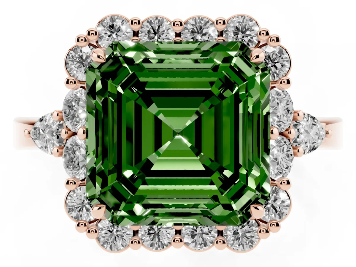 Fancy Green Asscher Cut Diamond Halo Ring with Pear Side Stones and Prong Setting Rose gold