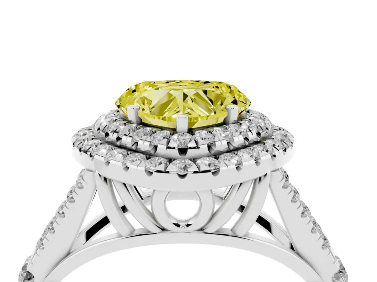 Fancy Yellow Heart Cut Cut Double Halo Split Shank Diamond Ring with Prong Setting Silver