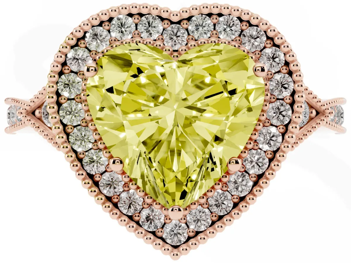 Fancy Yellow Heart Cut Halo Round Diamond Milgrain Pave Engagement Ring Rose gold