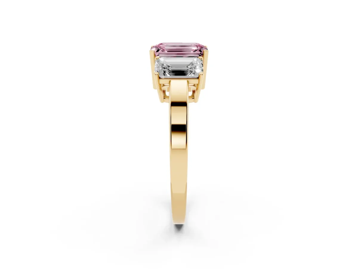 Fancy Pink Three-Stone Emerald Cut Cut Diamond Engagement Ring with Flat Band and Four-Prong Setting Yellow gold