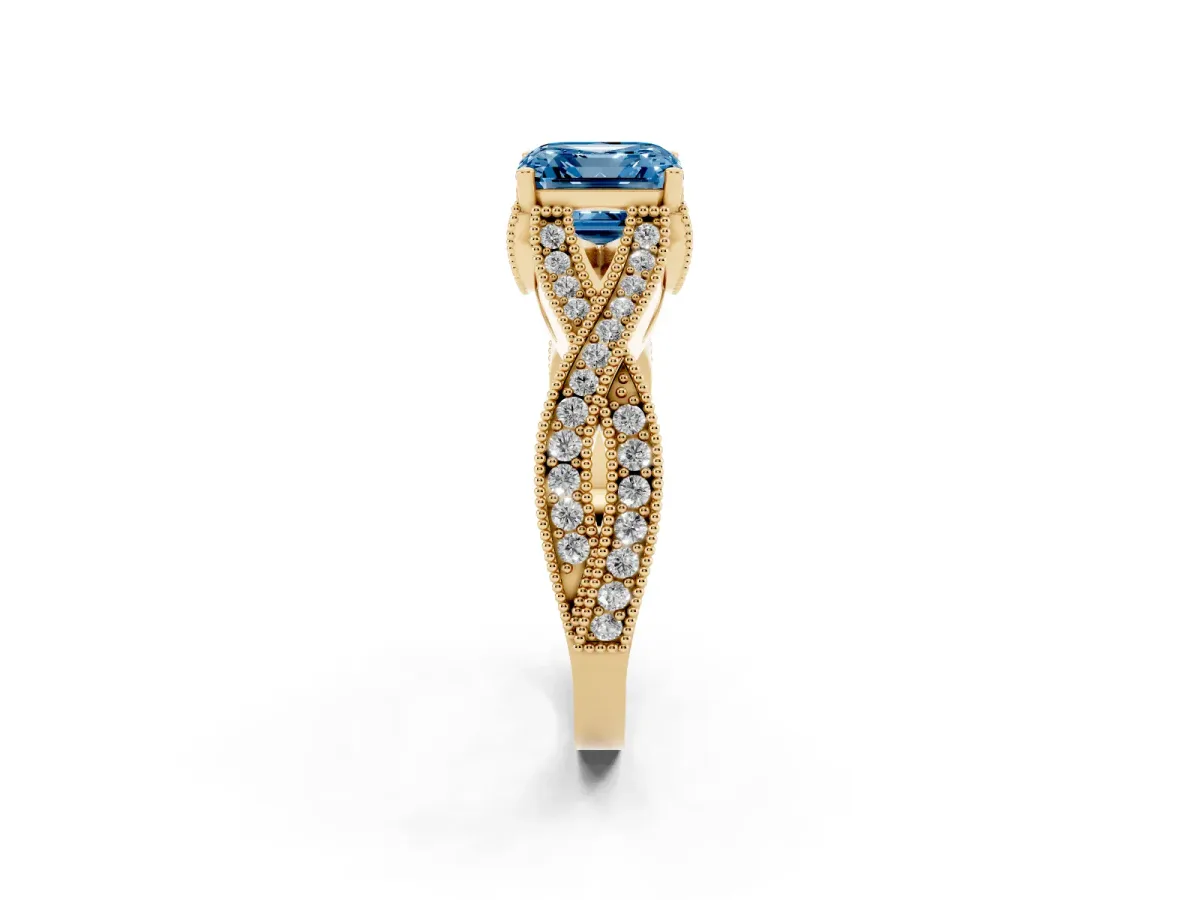 Fancy Blue Asscher Cut Cut Diamond Twisted Band with Milgrain Pave Setting and Four-Prong Setting Yellow gold