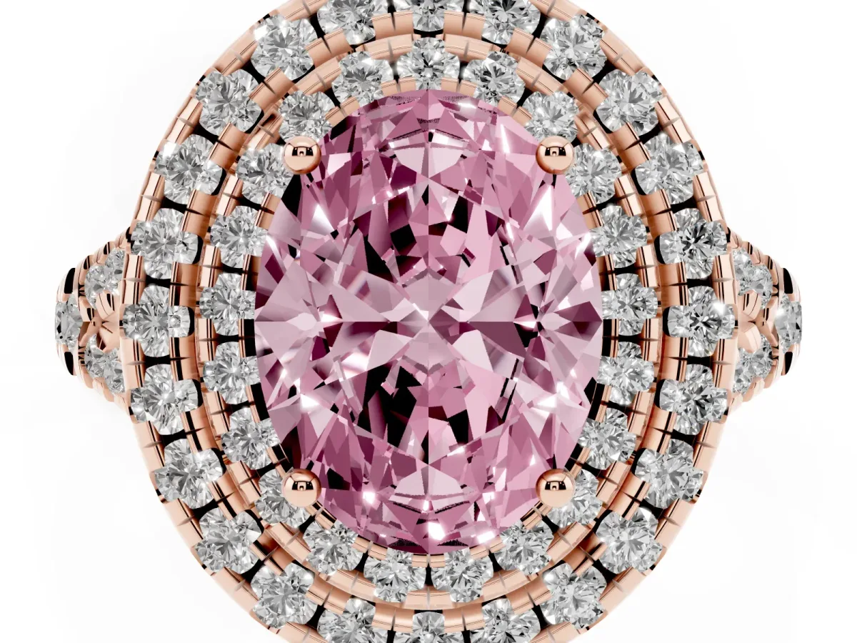 Fancy Pink Double Halo Oval Cut Diamond Pavé Split Shank Ring with Prong Setting Rose gold