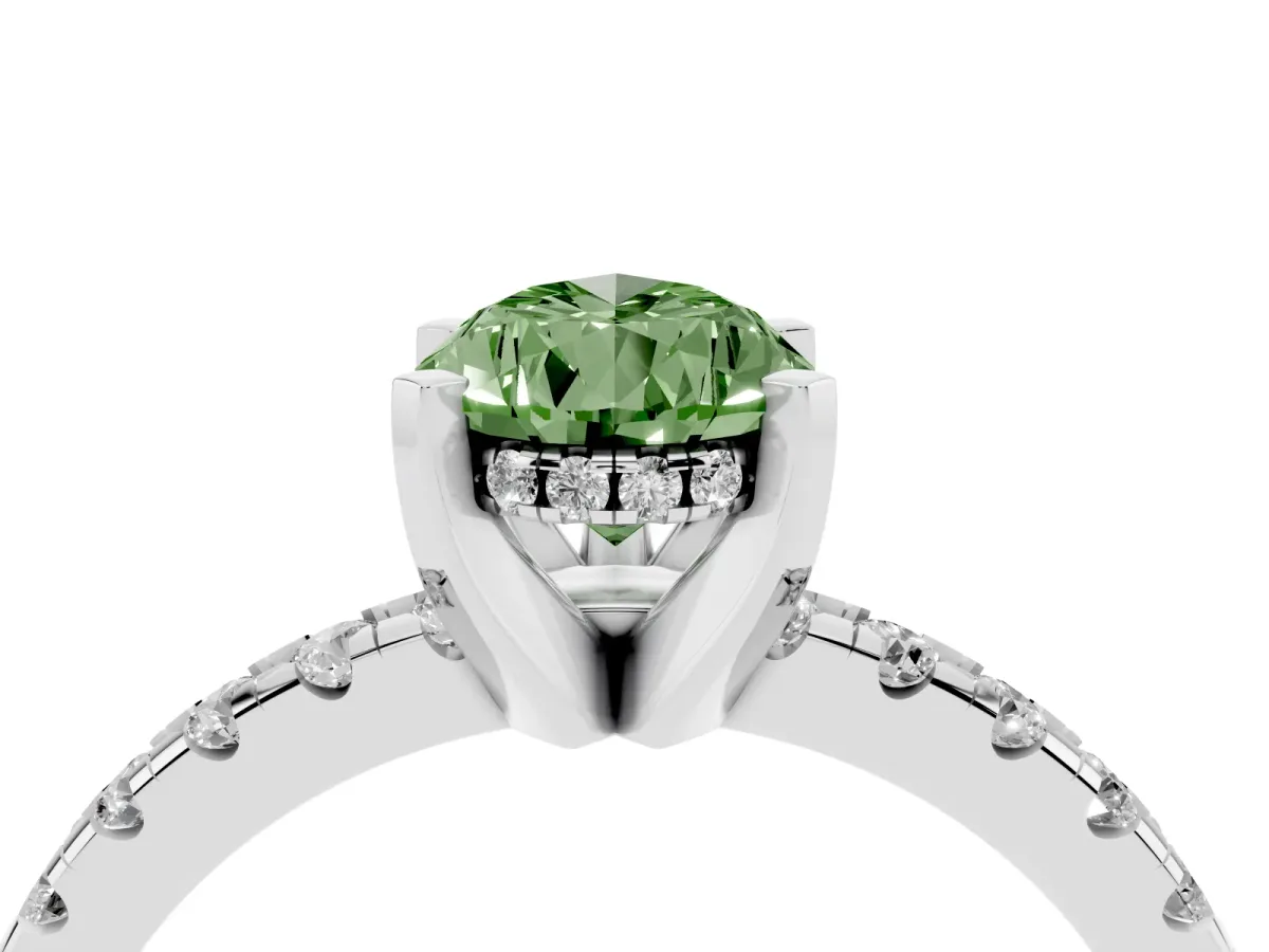 Fancy Green Pear Cut Diamond Solitaire Ring with Round Pavé Band and Four-Prong Setting Silver