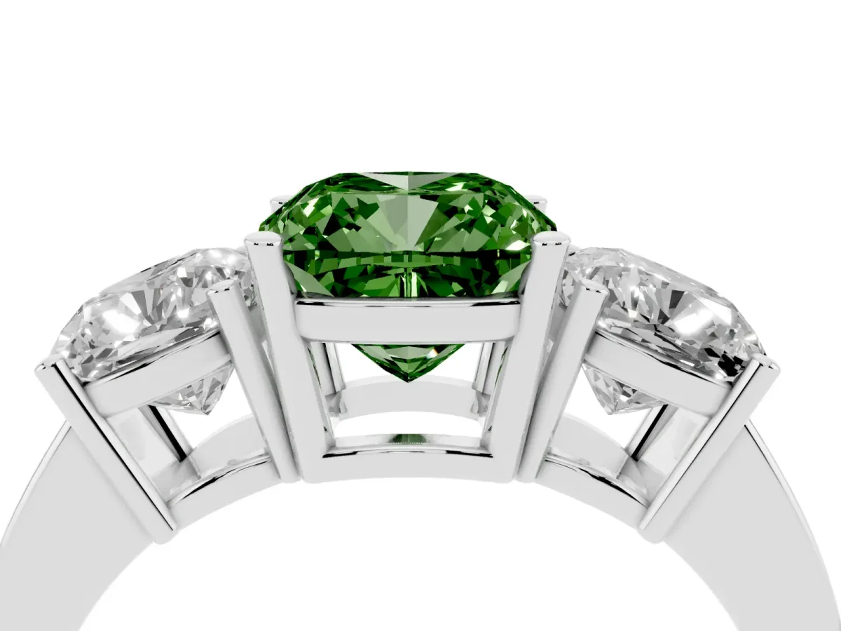 Fancy Green Three-Stone Cushion Cut Cut Diamond Engagement Ring with Flat Band and Four-Prong Setting Silver