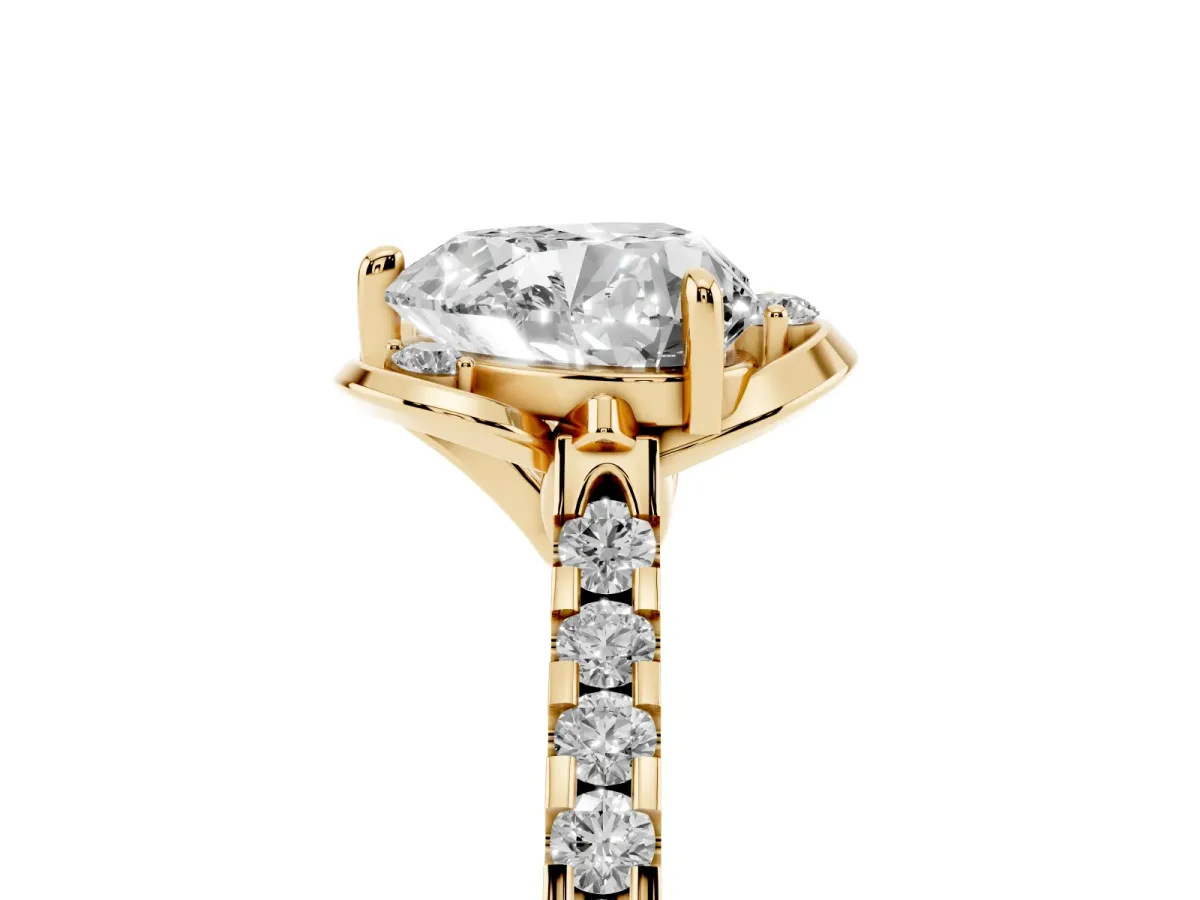 Heart Cut Diamond Ring with Pavé Band and Floral Prong Setting Yellow gold