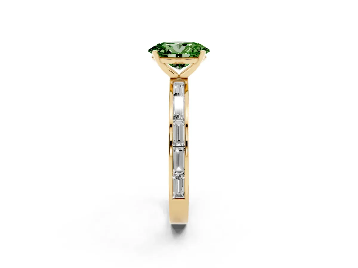 Fancy Green Oval Cut Solitaire Diamond Ring with Channel-Set Baguette Band and Four-Prong Setting Yellow gold