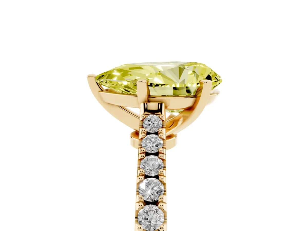 Fancy Yellow Pear Cut Cut Solitaire Diamond Engagement Ring with Pave Band and Four-Prong Setting Yellow gold