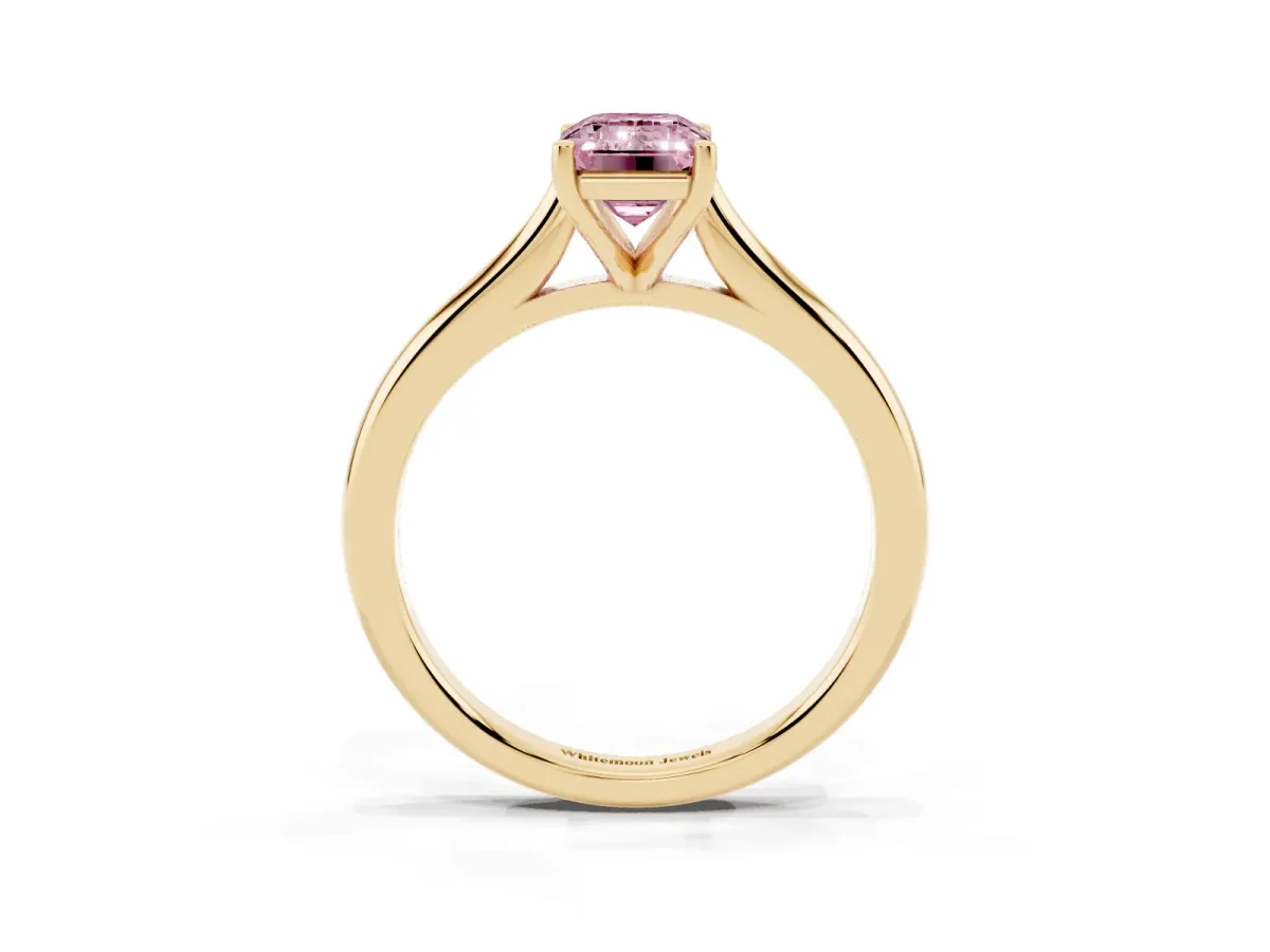 Fancy Pink Emerald Cut Cut Solitaire Ring with Cathedral Band and Four-Prong Setting Yellow gold
