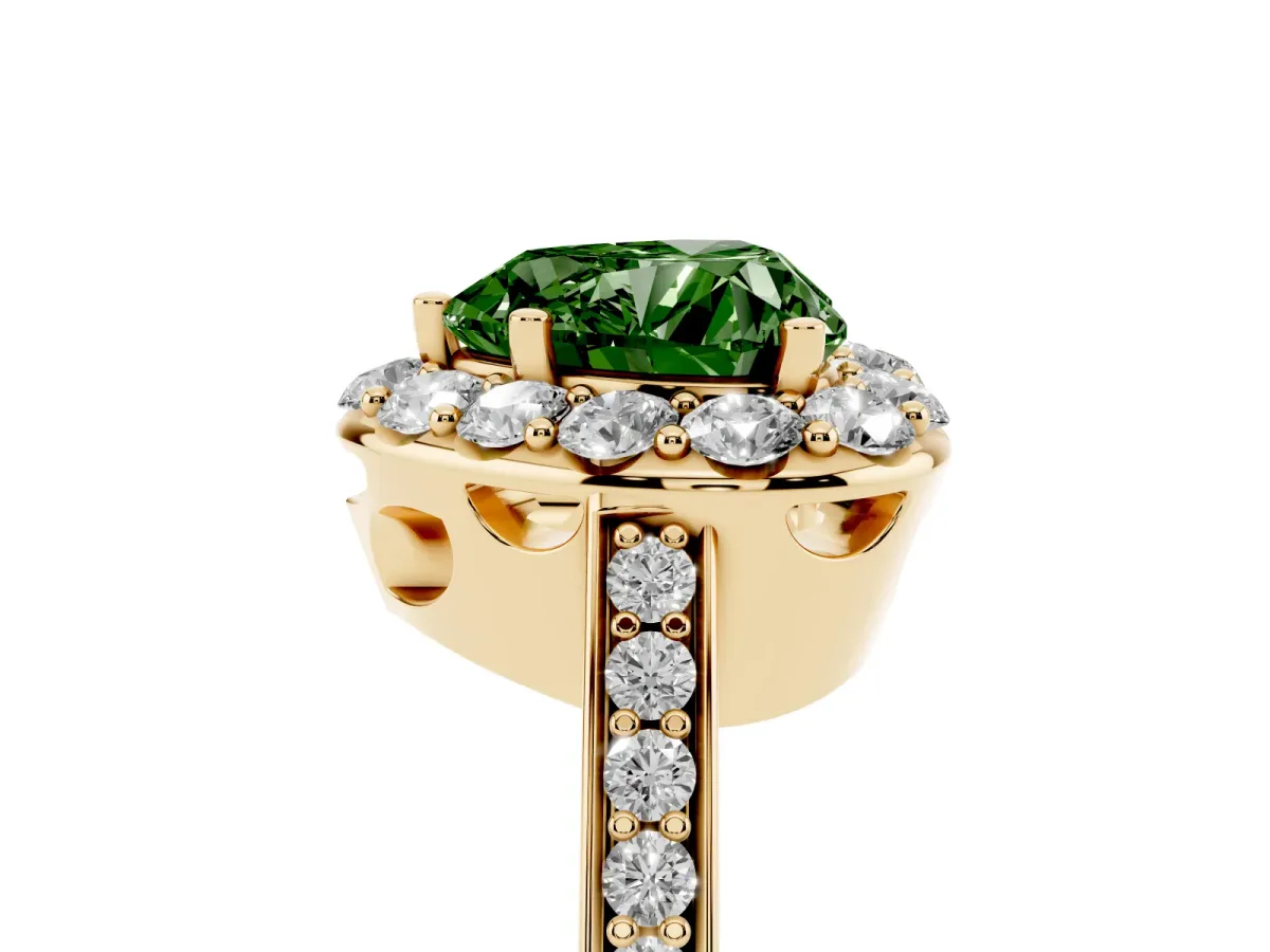 Fancy Green Heart Cut Diamond Floral Halo Ring with Pavé Band and Prong Setting Yellow gold