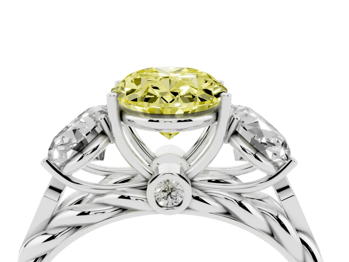 Fancy Yellow Three-Stone Oval Cut Diamond Braided Band Ring with Four-Prong Setting Silver