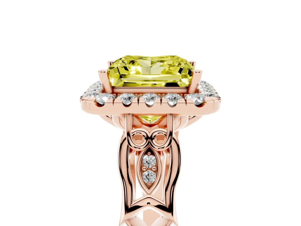 Fancy Yellow Princess Cut Halo Diamond Engagement Ring with Filigree Band and Four-Prong Setting Rose gold