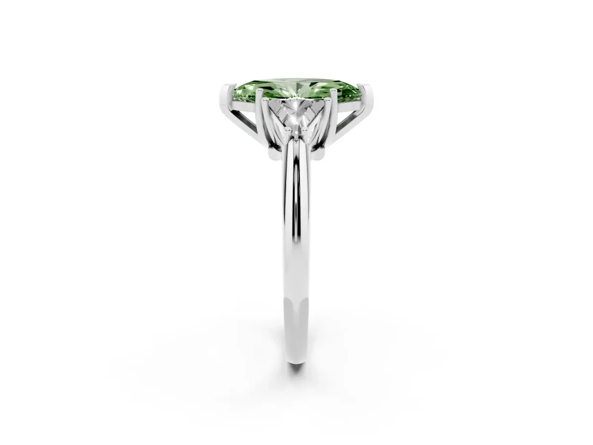 Fancy Green Three-Stone Marquise Cut Diamond Engagement Ring with Trillion Side Stones and Prong Setting White gold