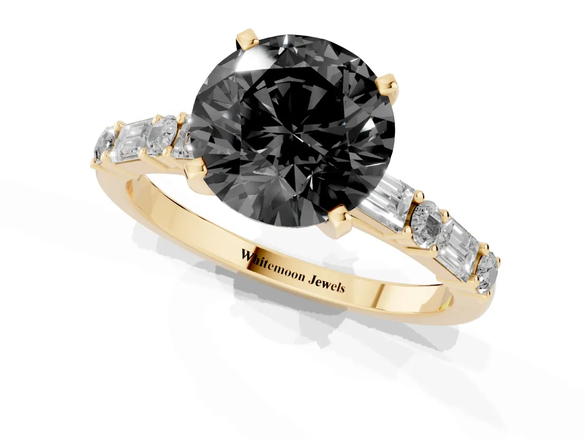 Fancy Black Round Cut Diamond Solitaire with Side Baguettes and Channel Set Band Yellow gold