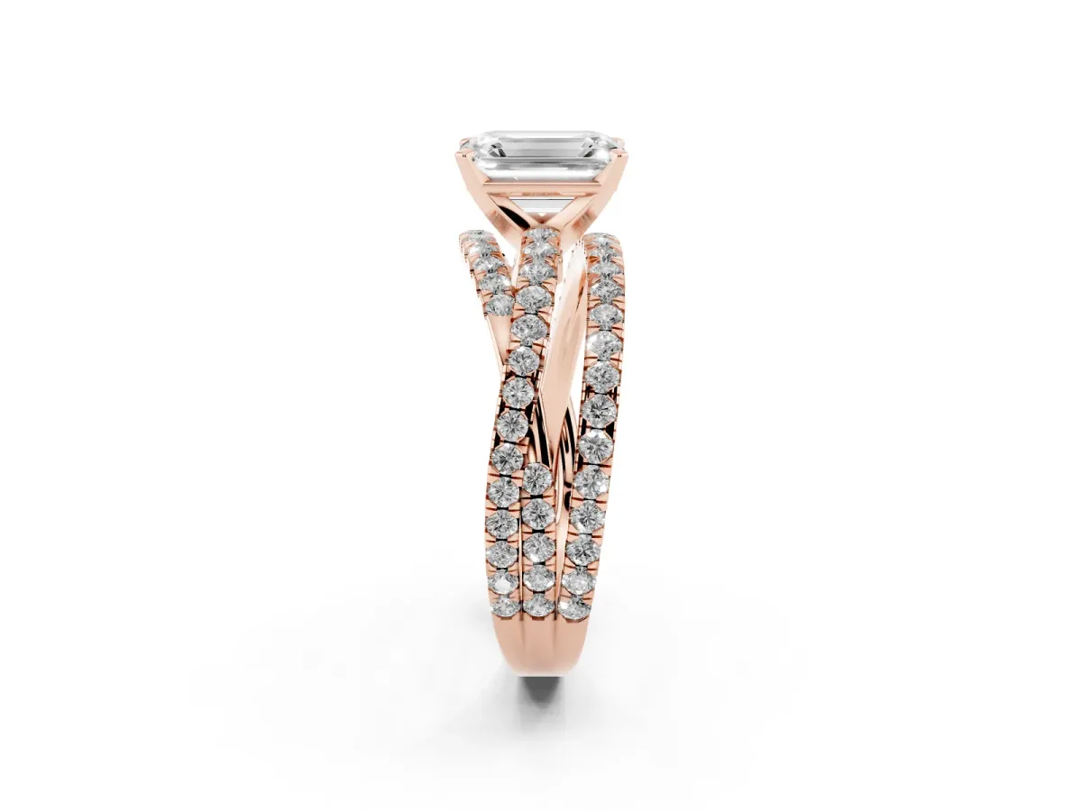 Emerald Cut Solitaire Twist Band with Pavé Setting and Four-Prong Setting Rose gold