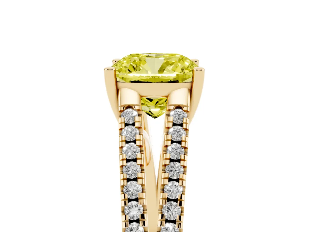 Fancy Yellow Cushion Cut Diamond Solitaire Engagement Ring with Split Shank Pavé Band Yellow gold