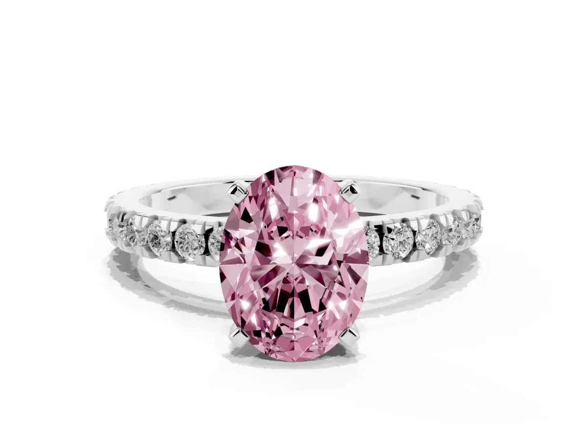 Fancy Pink Oval Cut Diamond Pavé Band Solitaire with Four-Prong Setting Platinum