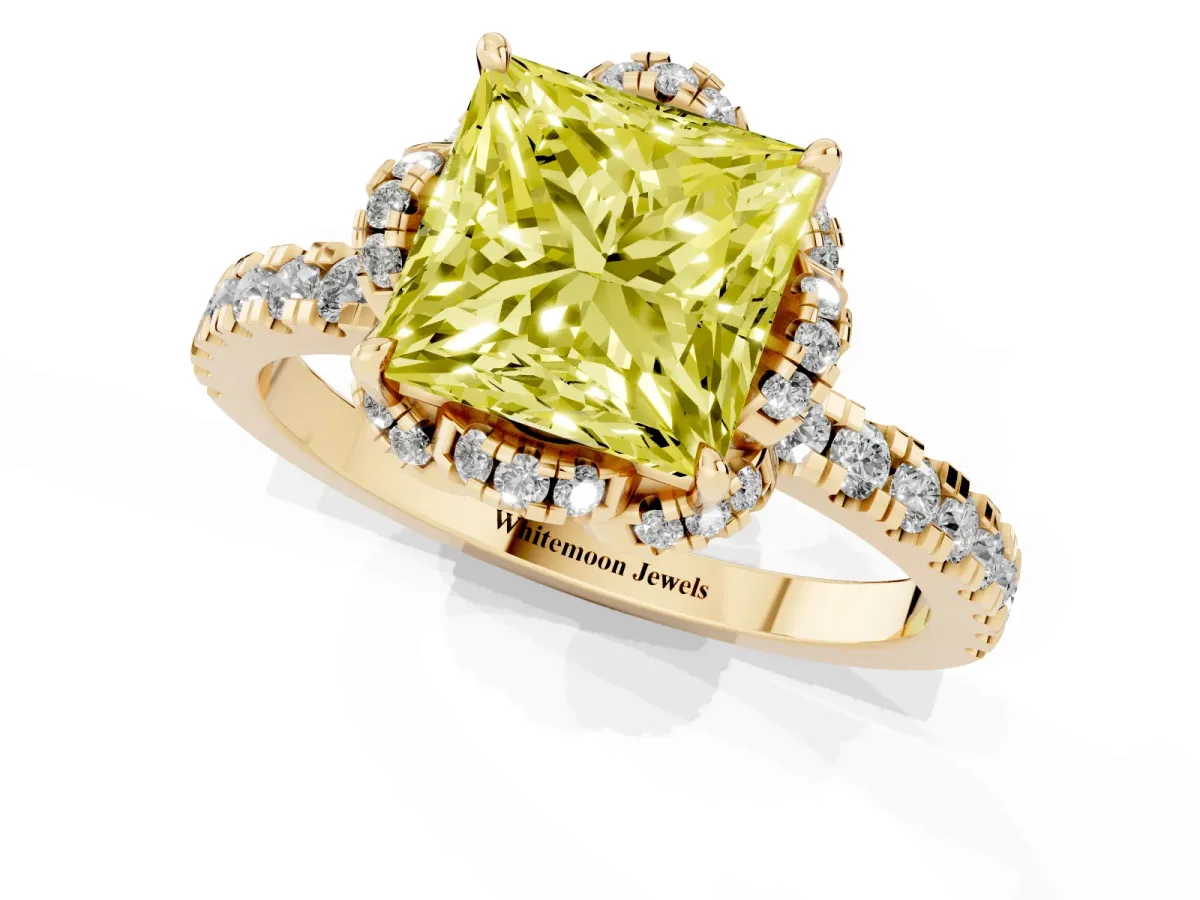 Fancy Yellow Princess Cut Halo Diamond Pave Band Ring with Four-Prong Setting Yellow gold