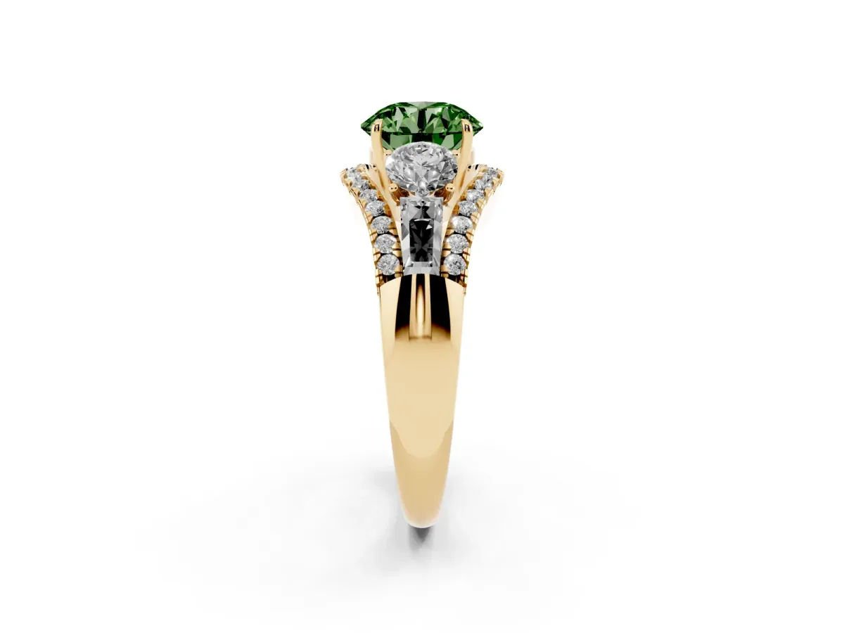 Fancy Green Three-Stone Round Cut Diamond Engagement Ring with Pave Band and Prong Setting Yellow gold