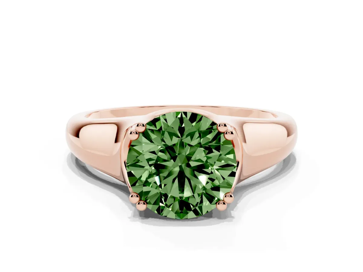 Fancy Green Round Cut Diamond Solitaire Ring with Wide Band and Prong Setting Rose gold