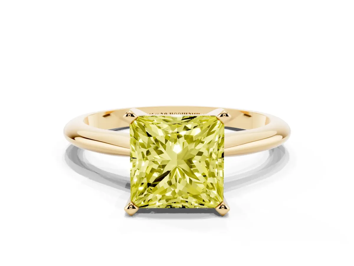 Fancy Yellow Princess Cut Cut Solitaire Ring with Four-Prong Setting on a Classic Band Yellow gold