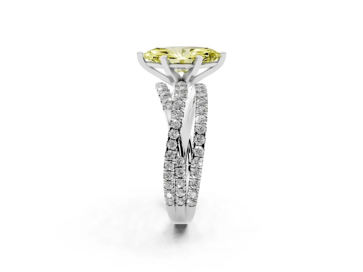 Fancy Yellow Marquise Cut Solitaire Twist Band with Pavé Setting and Four-Prong Setting Platinum