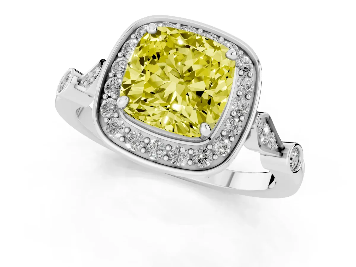 Fancy Yellow Cushion Cut Halo Diamond Engagement Ring with Twisted Band and Four-Prong Setting White gold