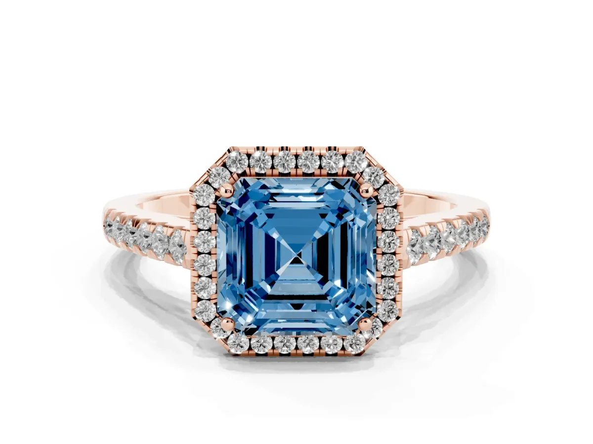 Fancy Blue Asscher Cut Halo Pave Diamond Engagement Ring with Four-Prong Setting Rose gold