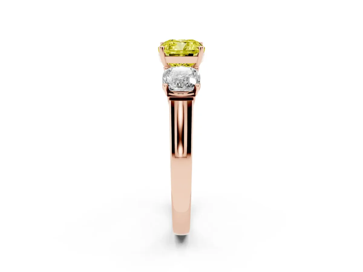 Fancy Yellow Three-Stone Cushion Cut Brilliant Diamond Trellis Ring with Comfort Fit Band Rose gold