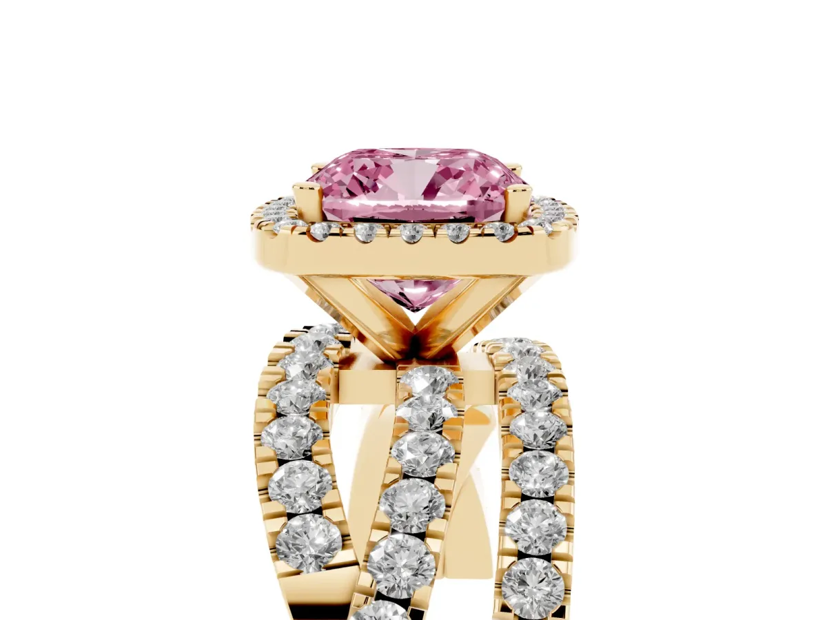 Fancy Pink Cushion Cut Diamond Halo Ring with Round Split Shank and Prong Setting Yellow gold