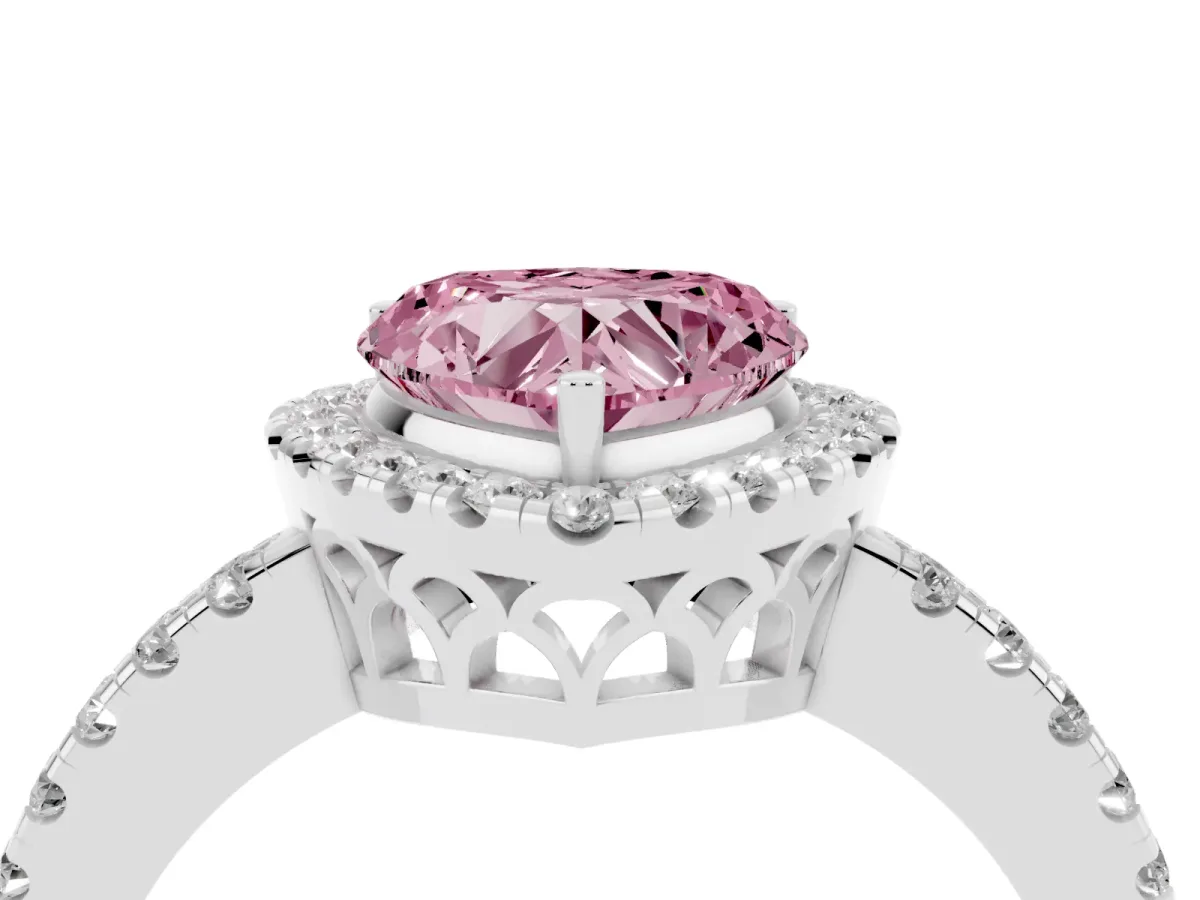 Fancy Pink Heart Cut Halo Diamond Engagement Ring with Pavé Band and Four-Prong Setting Platinum