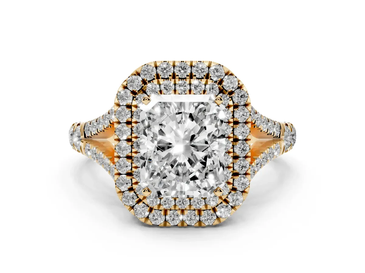 Radiant Cut Diamond Double Halo Ring with Split Shank and Prong Setting Yellow gold
