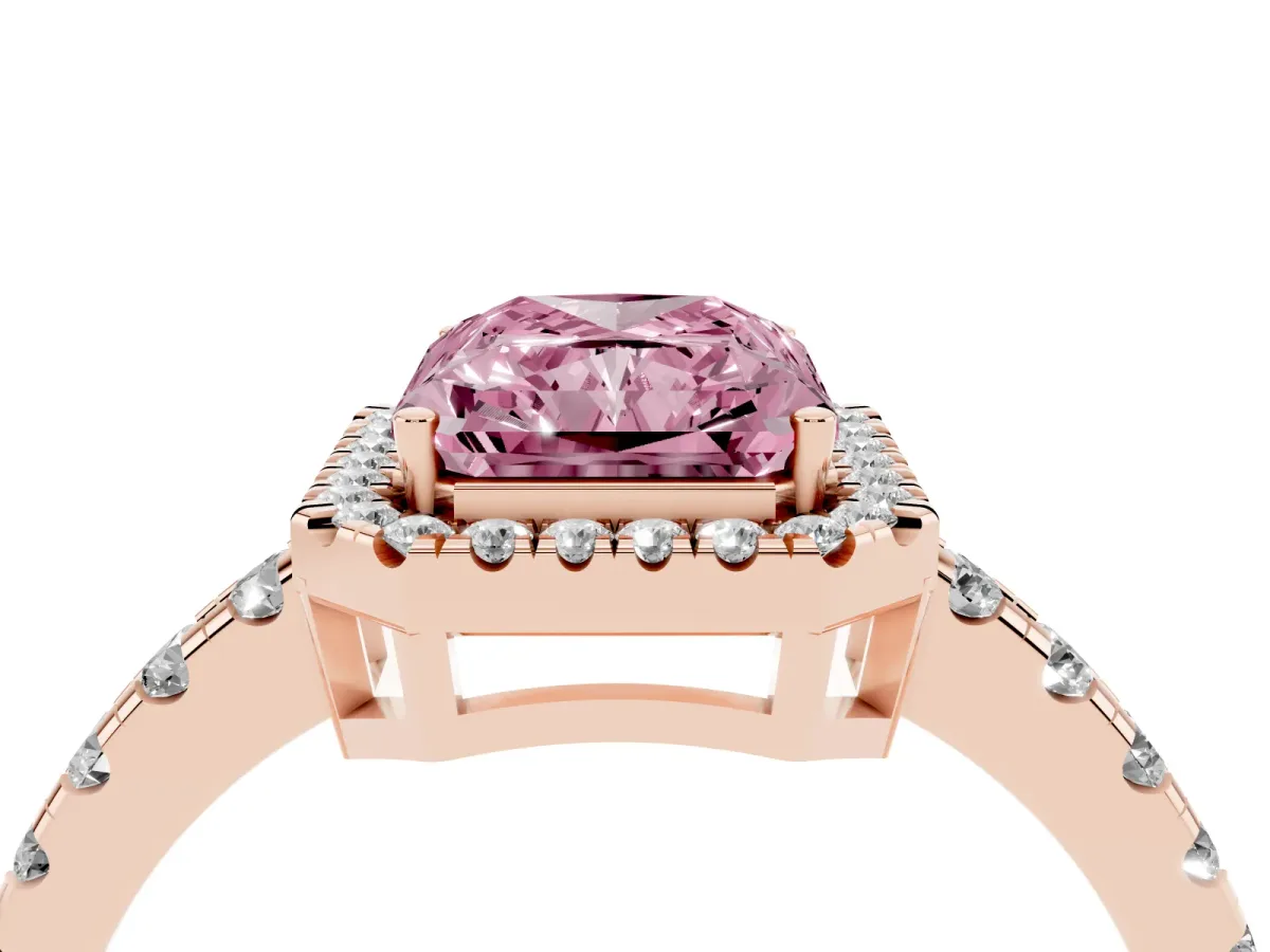 Fancy Pink Radiant Cut Diamond Halo Ring with Pavé Band and Four-Prong Setting Rose gold