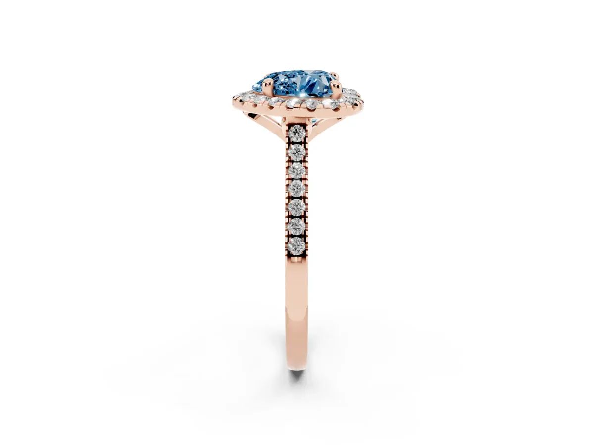 Fancy Blue Heart Cut Diamond Cushion Halo Ring with Pavé Band Rose gold