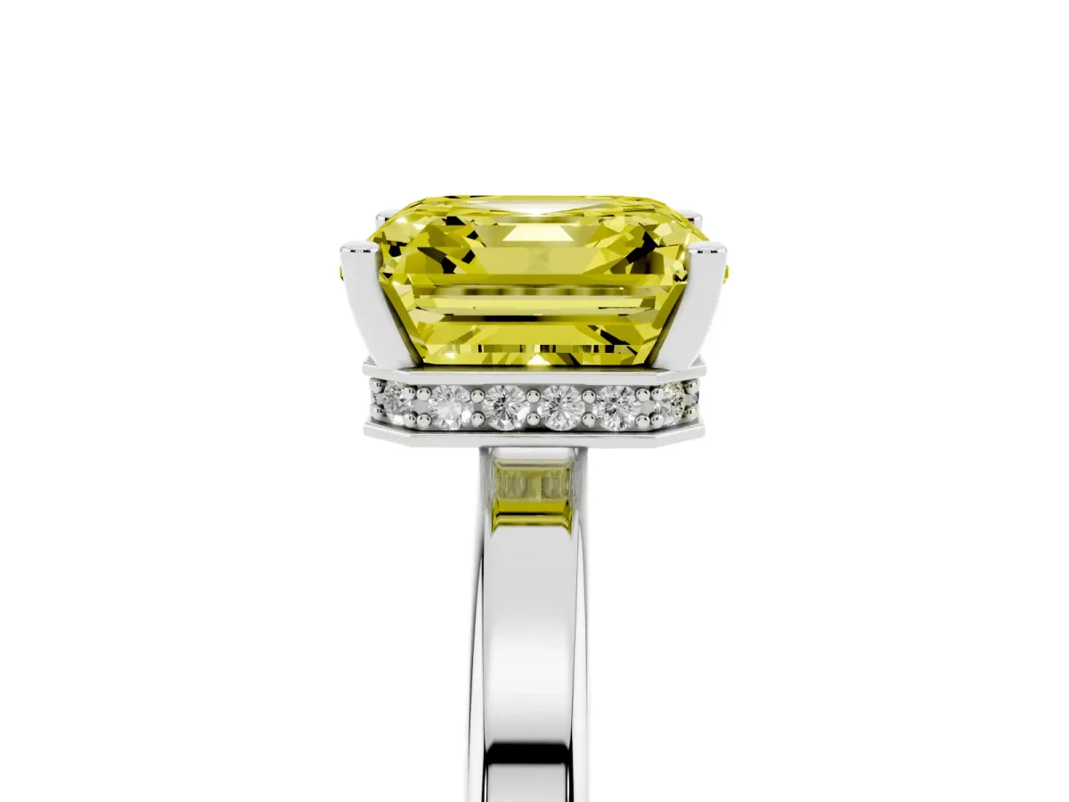 Fancy Yellow Asscher Cut Cut Solitaire Engagement Ring with Four-Prong Setting on a Classic Band Platinum