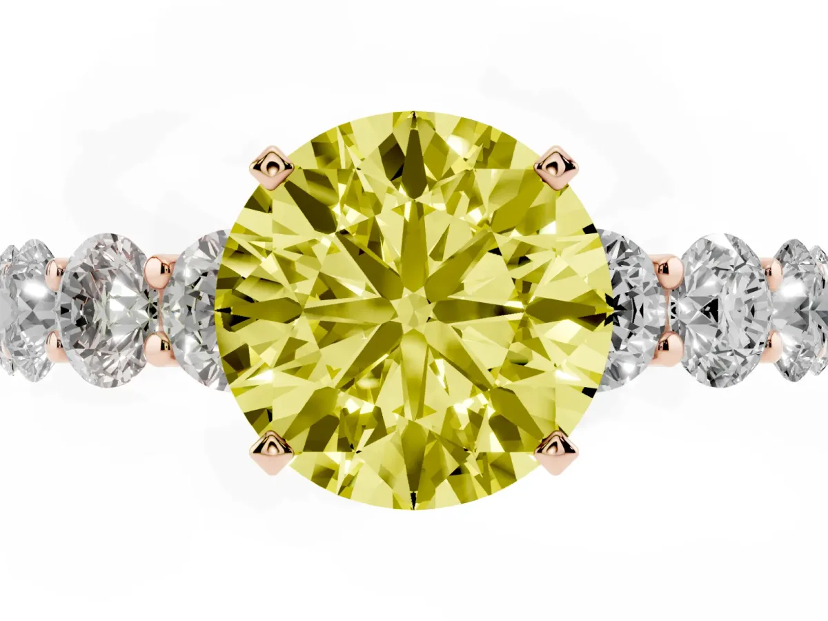 Fancy Yellow Round Cut Diamond Prong Setting with Side Stones on a Pave Band Rose gold