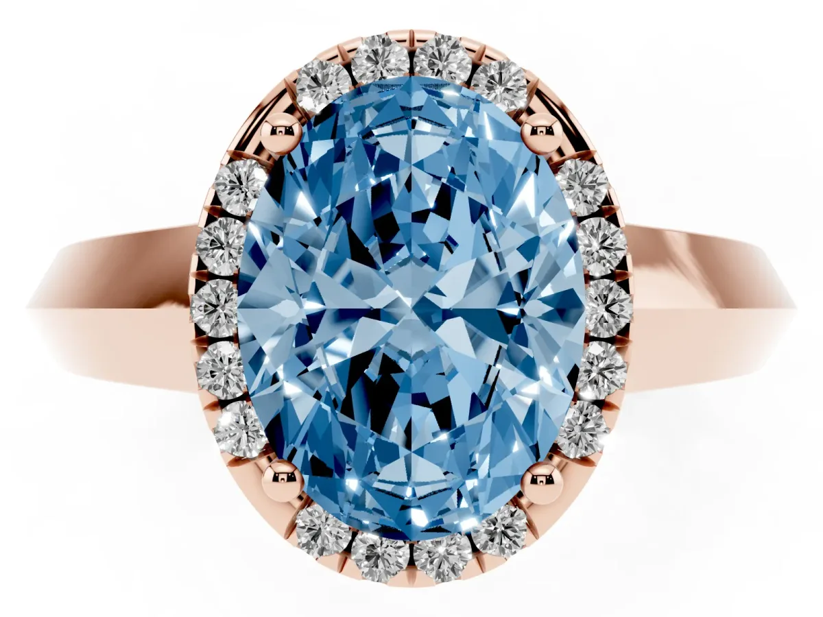 Fancy Blue Oval Cut Halo Diamond Ring with Cathedral Band and Four-Prong Setting Rose gold