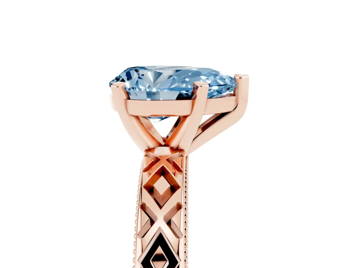 Fancy Blue Pear Cut Solitaire Diamond Ring with Milgrain and Black Enamel X Pattern Band Rose gold