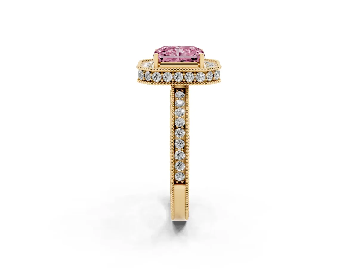 Fancy Pink Radiant Cut Diamond Milgrain Halo Engagement Ring with Round Pavé Band and Prong Setting Yellow gold