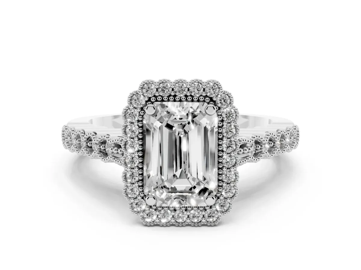 Emerald Cut Cut Halo Pavé Solitaire Ring with Milgrain Band Platinum
