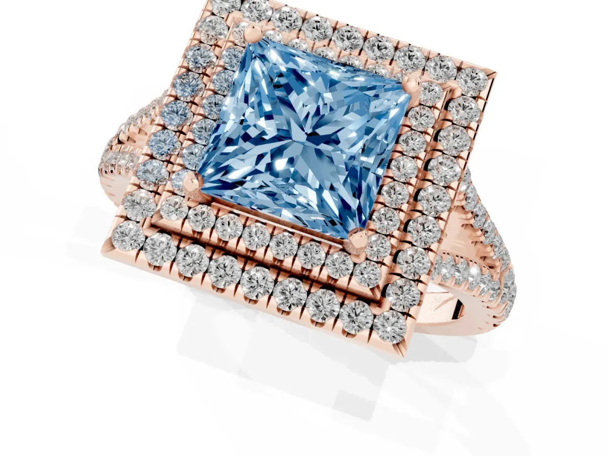 Fancy Blue Princess Cut Diamond Double Halo Ring with Pavé Band and Prong Setting Rose gold